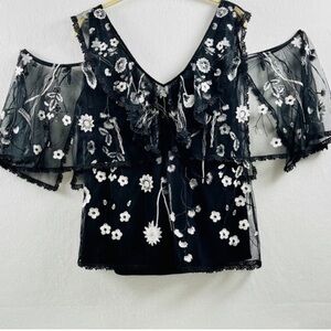 Kobi Halperin Black and White Floral Lace Blouse